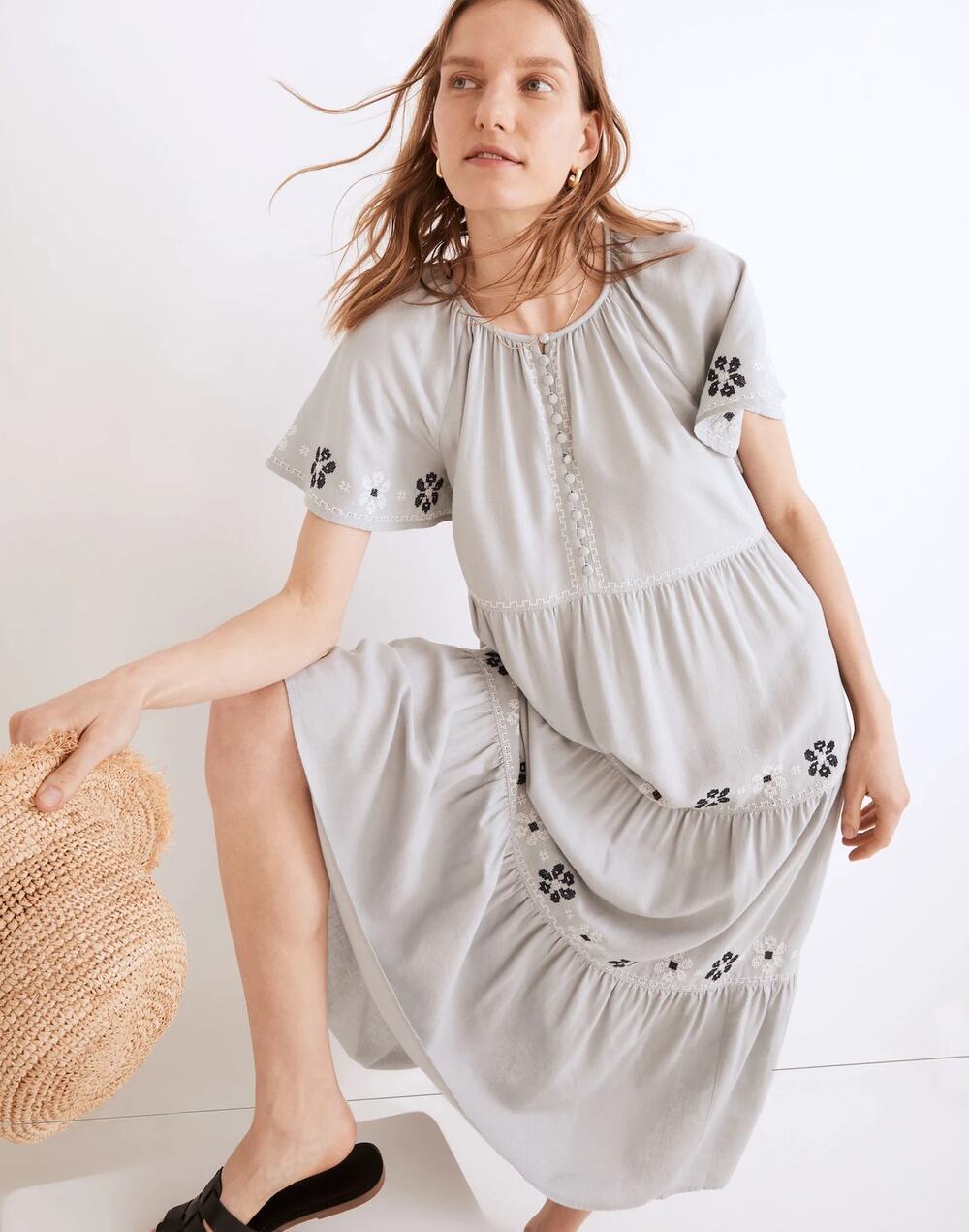 Madewell Embroidered Flutter-Sleeve Tiered Midi Dress